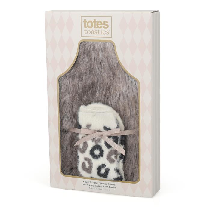 totes toasties® Ladies Tipped Faux Fur Hot Water Bottle & Super Soft Sock Set Brown Extra Image 1